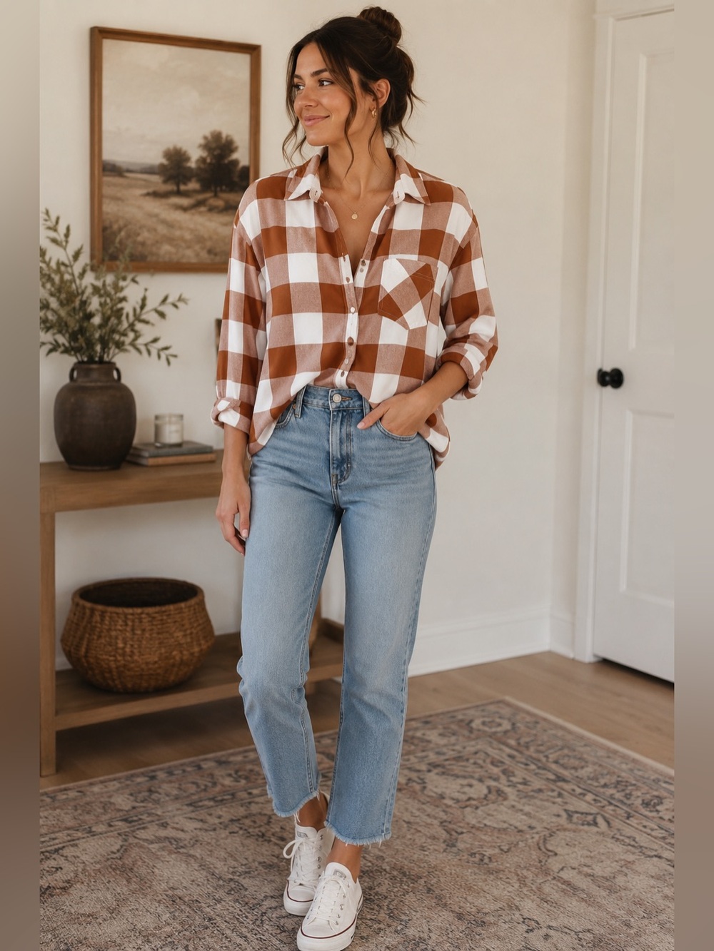 Orange and White Checkered Button-Up Shirt
